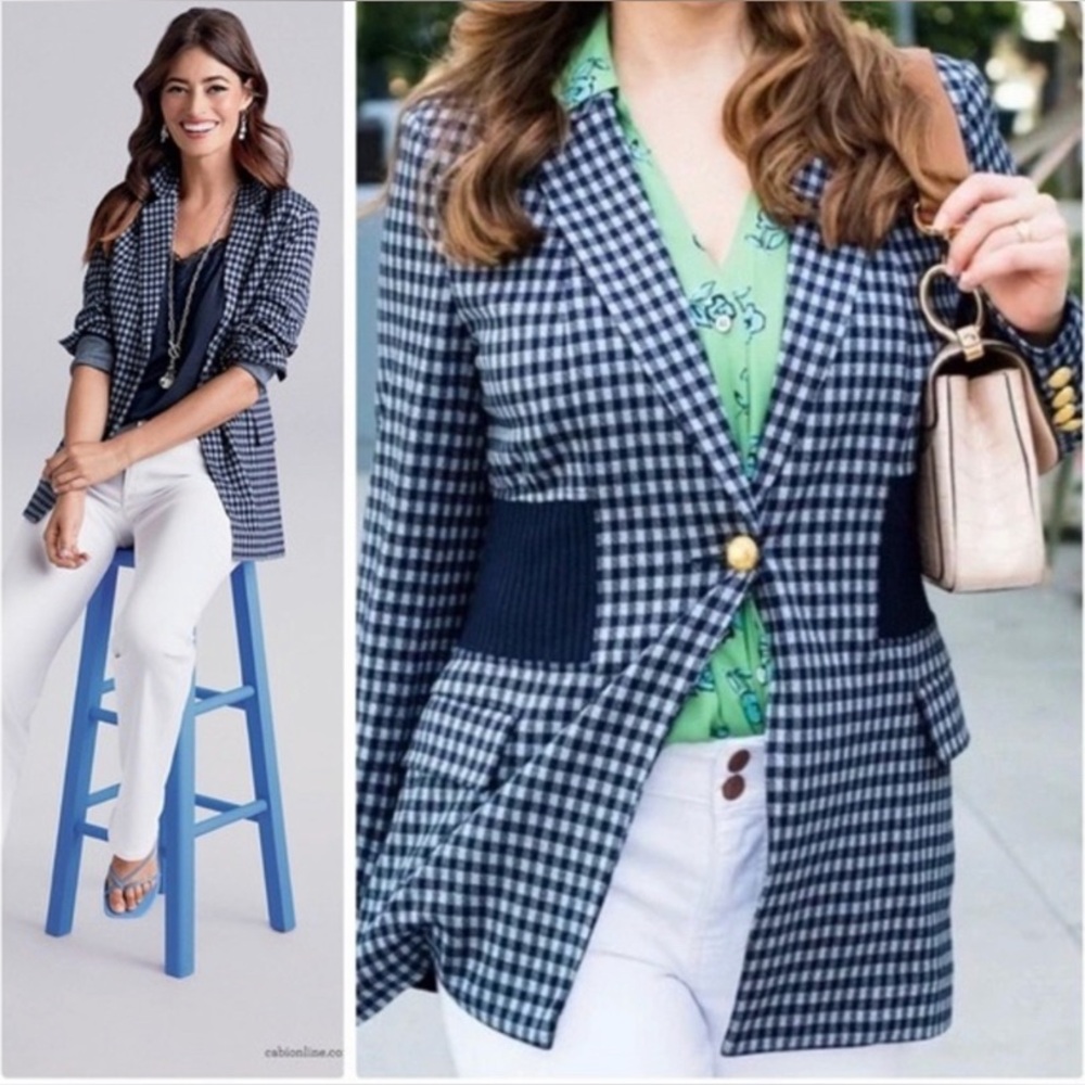 Cabi Checkup Blazer Gold Buttons Navy and Blue Checkered Print Size Small
